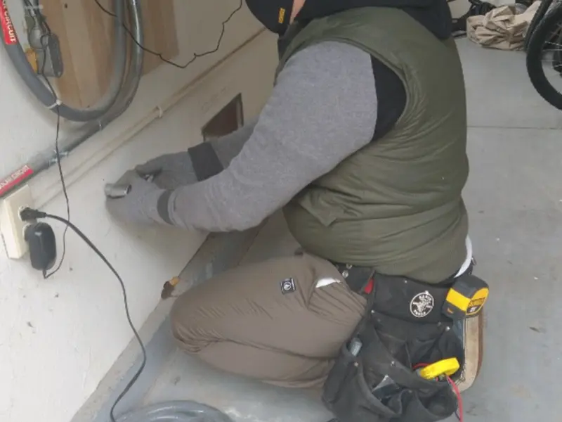 Electrician performing outlet wiring in a Moundsville garage